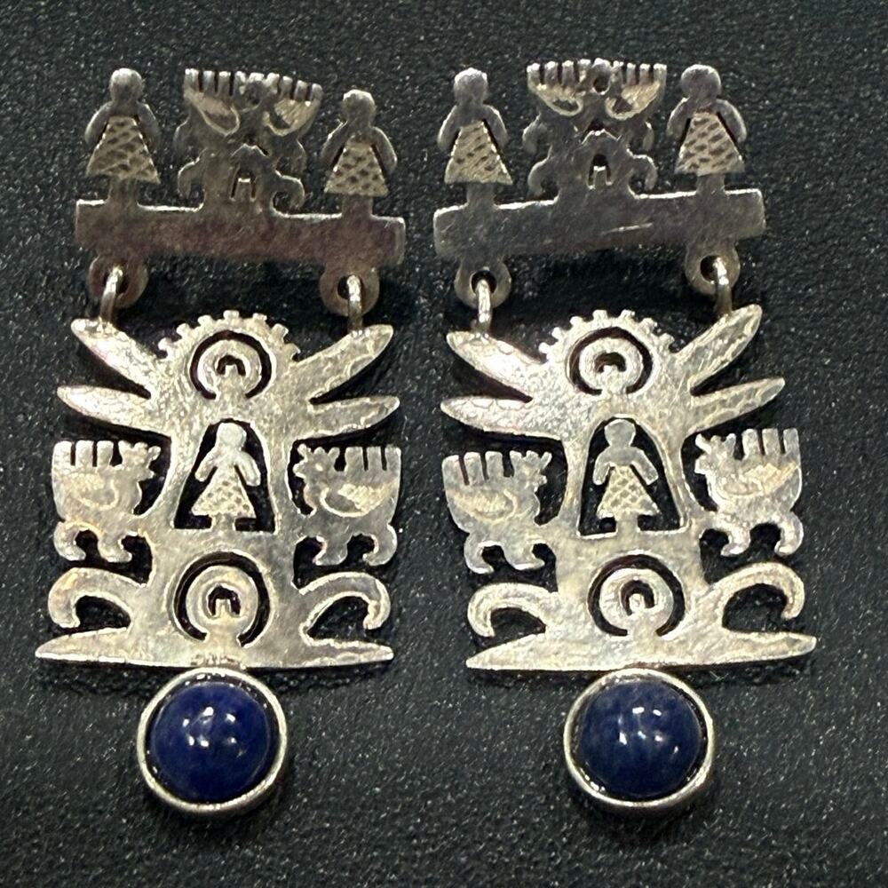 Vintage Citlali 925 Mexico Silver Pre-Columbian Figural Earrings Lapis Lazuli